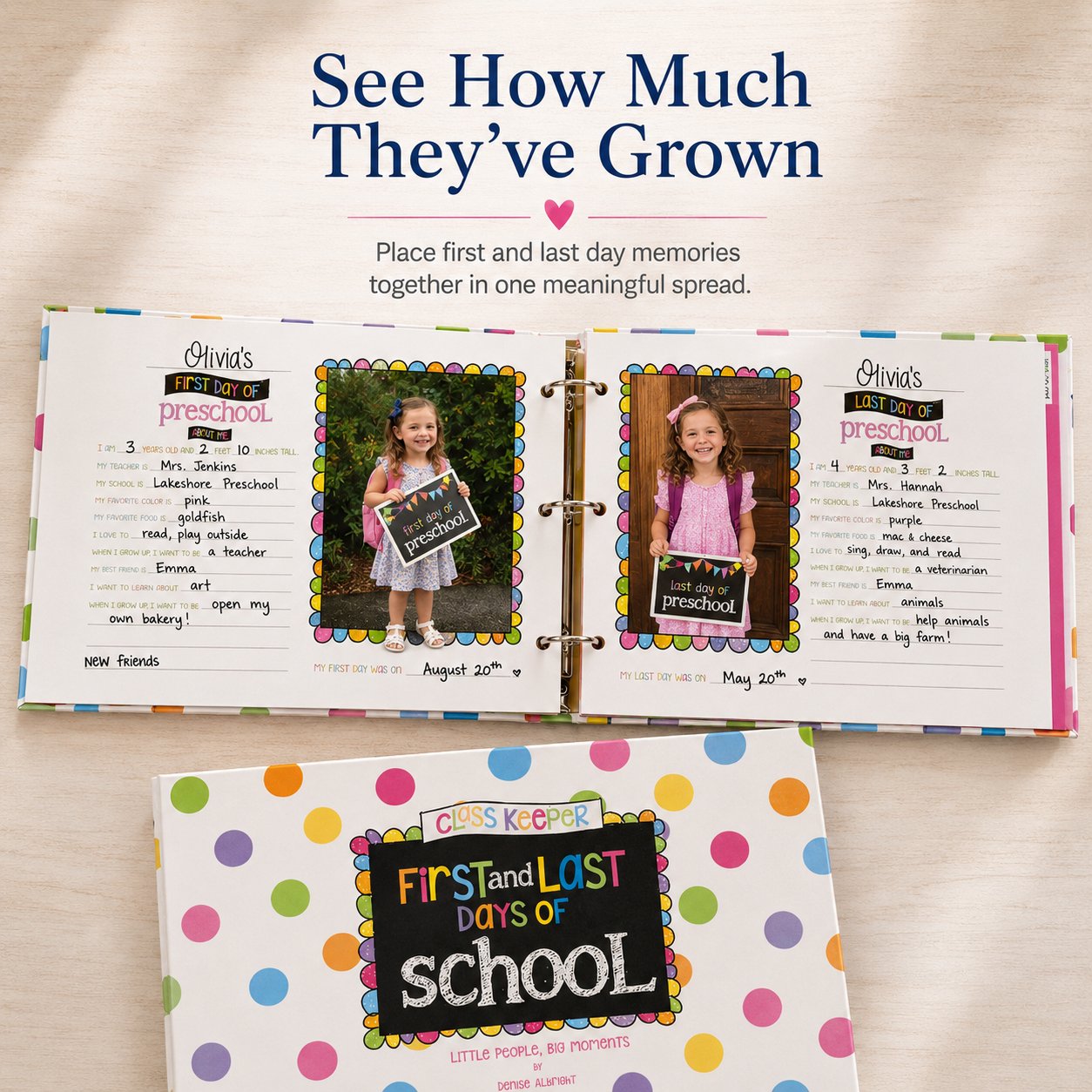 Open school memory binder comparing a child's first and last day of preschool photos and written details