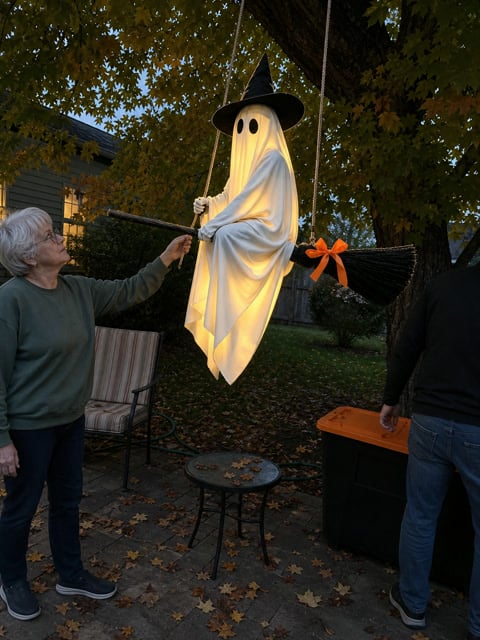 Flying broom ghost being rehung in a backyard at dusk