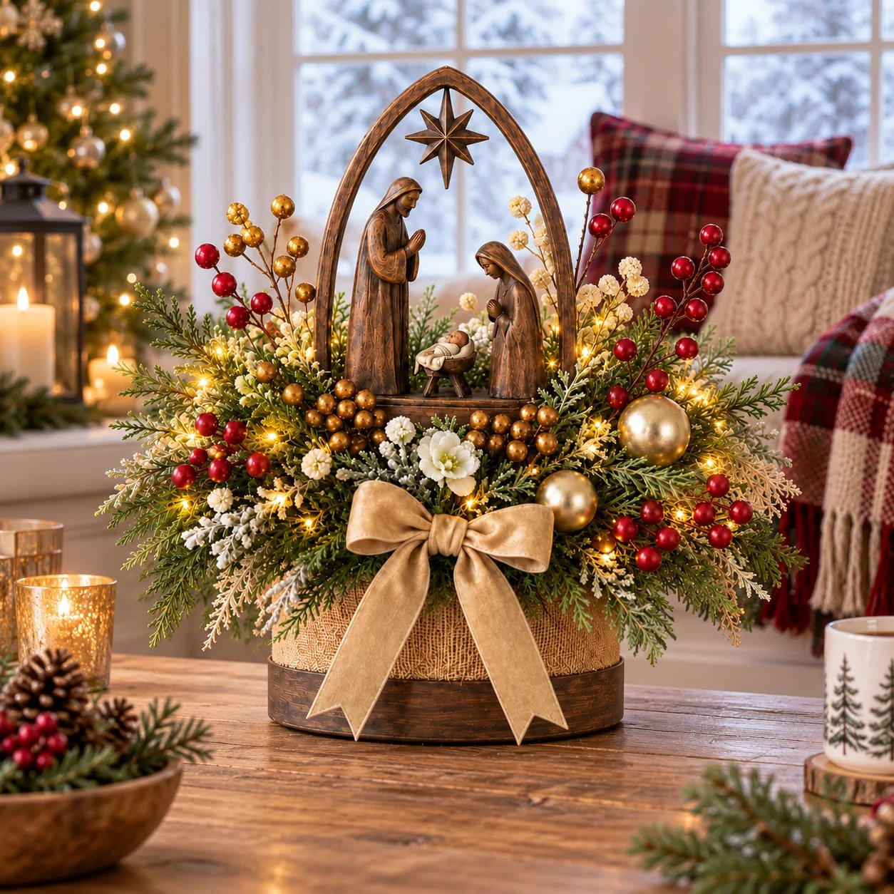 Nativity centerpiece displayed in a warm Christmas home