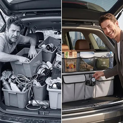 Vertical car trunk organizer saves floor space