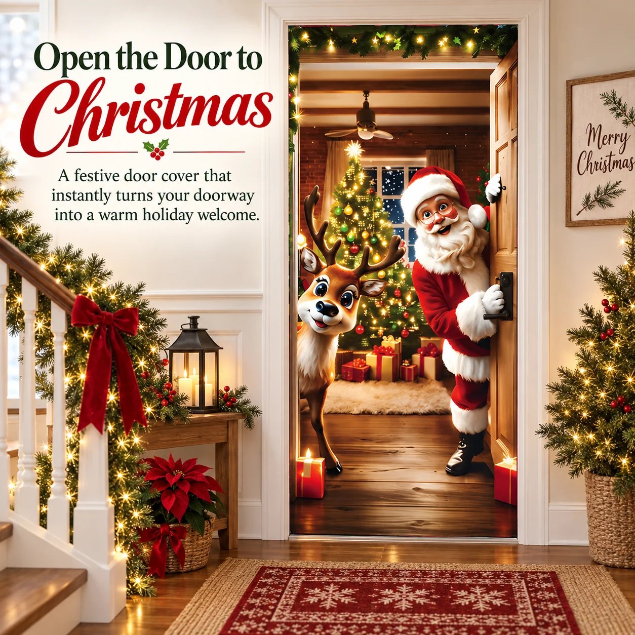 Santa and reindeer Christmas door cover