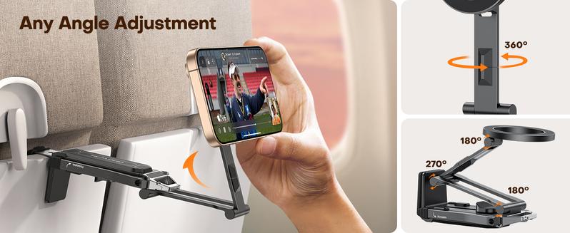Phone mount clamped to airplane seat Phone mount clamped to airplane seat