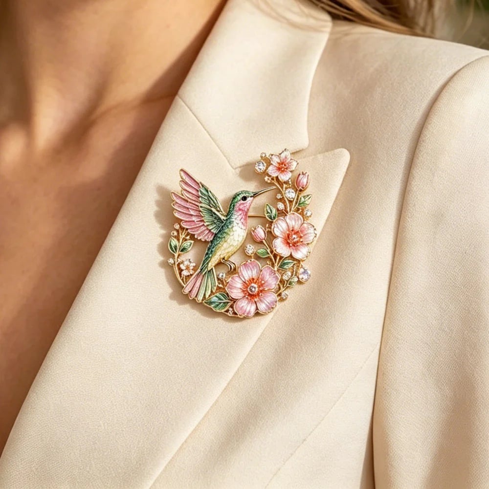 Hummingbird blossom brooch lifestyle image