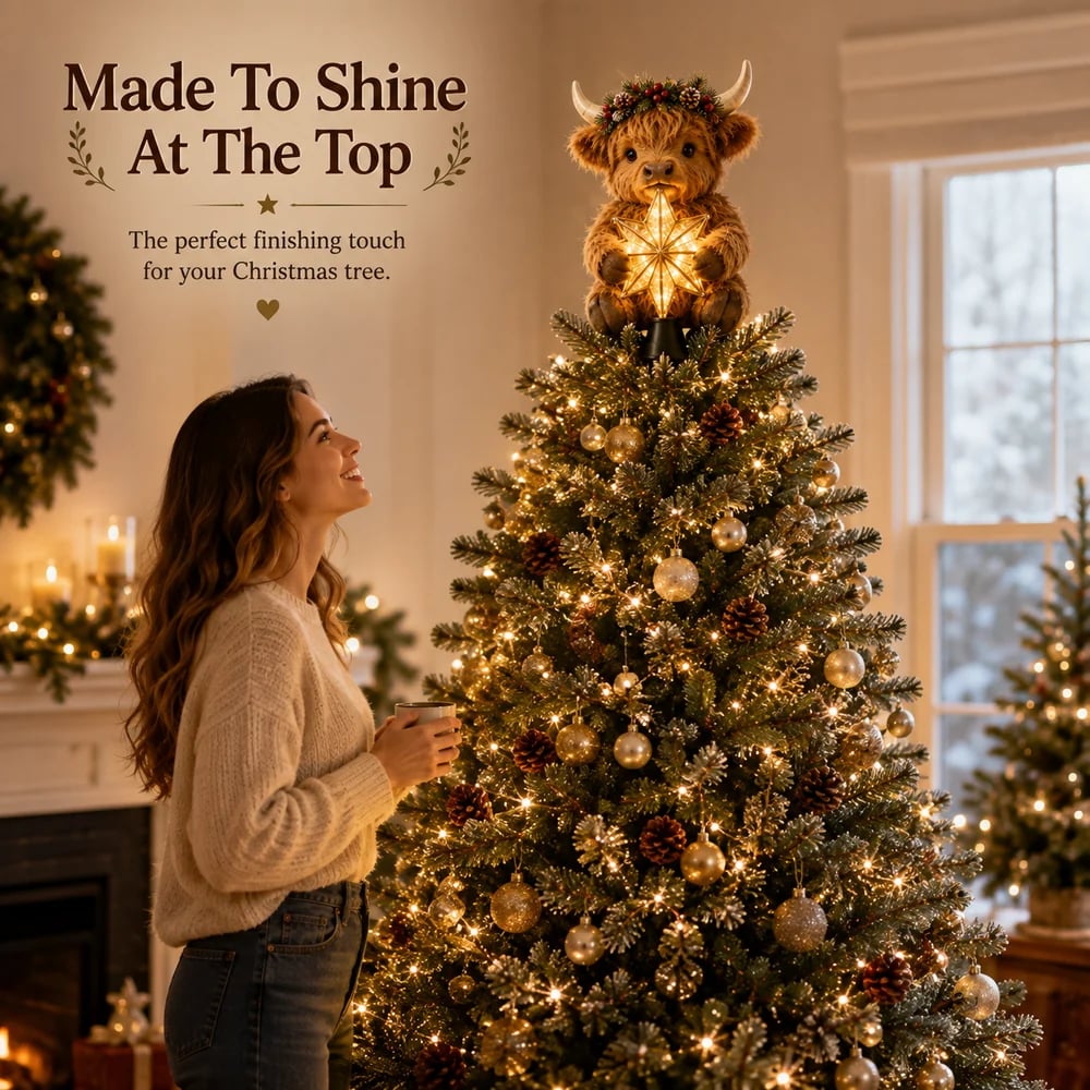 Woman looking at Highland Cow Christmas Tree Topper Woman looking at Highland Cow Christmas Tree Topper
