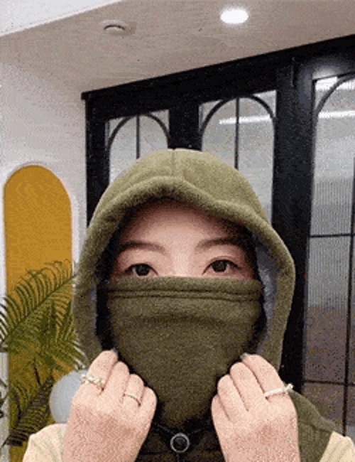 Double layer fleece winter hood in use