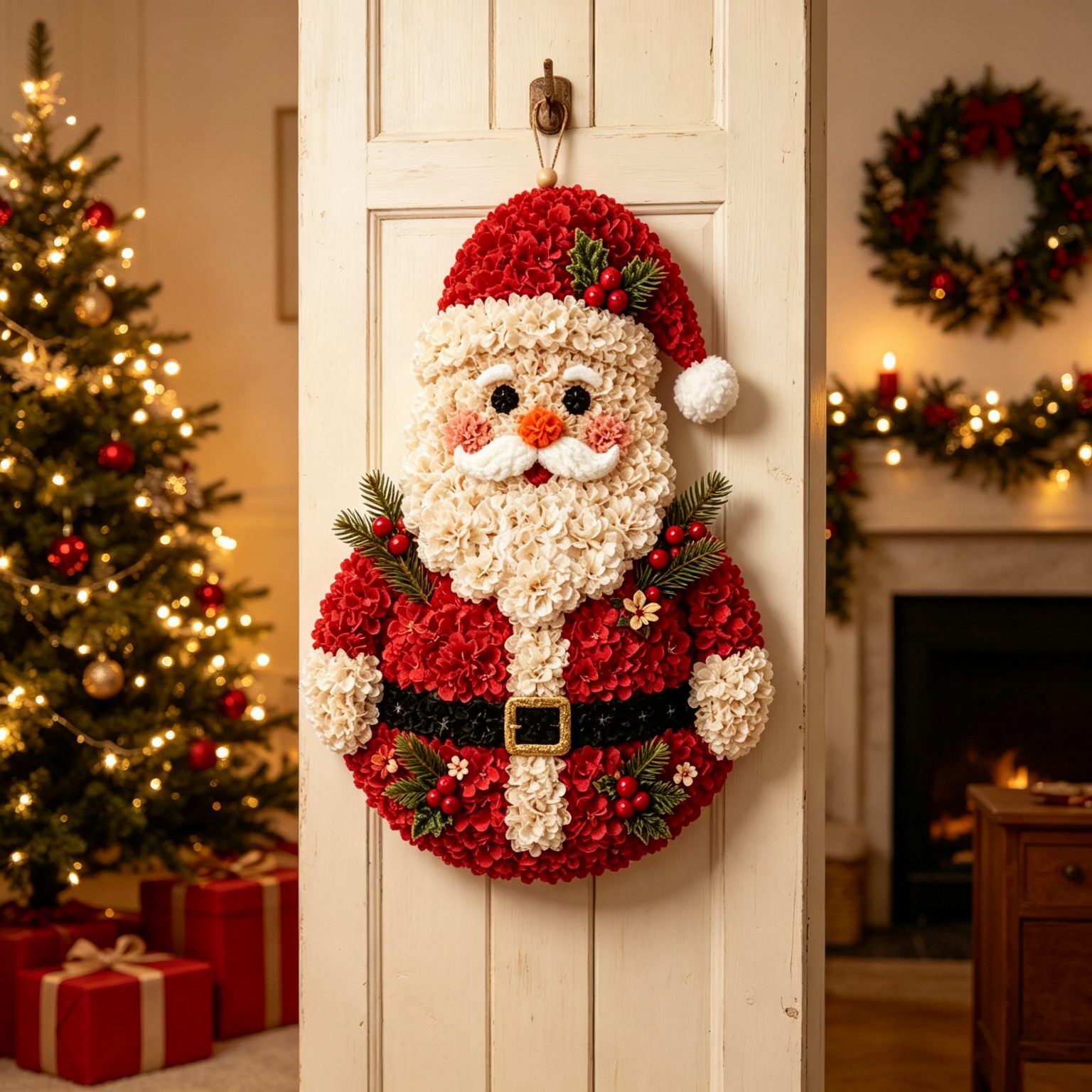 Finished Christmas fabric flower Santa decoration hanging in a cozy home
