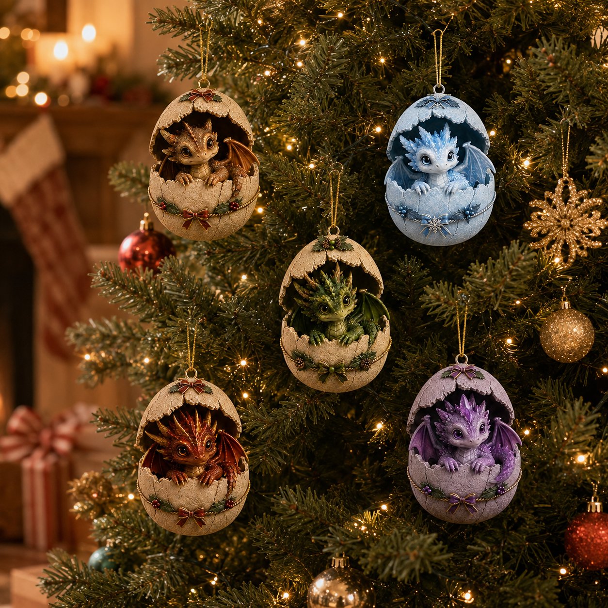 Christmas dragon egg ornaments hanging on Christmas tree