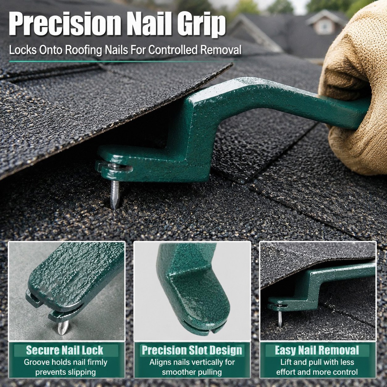 Hardened steel roofing snake tool with green protective coating