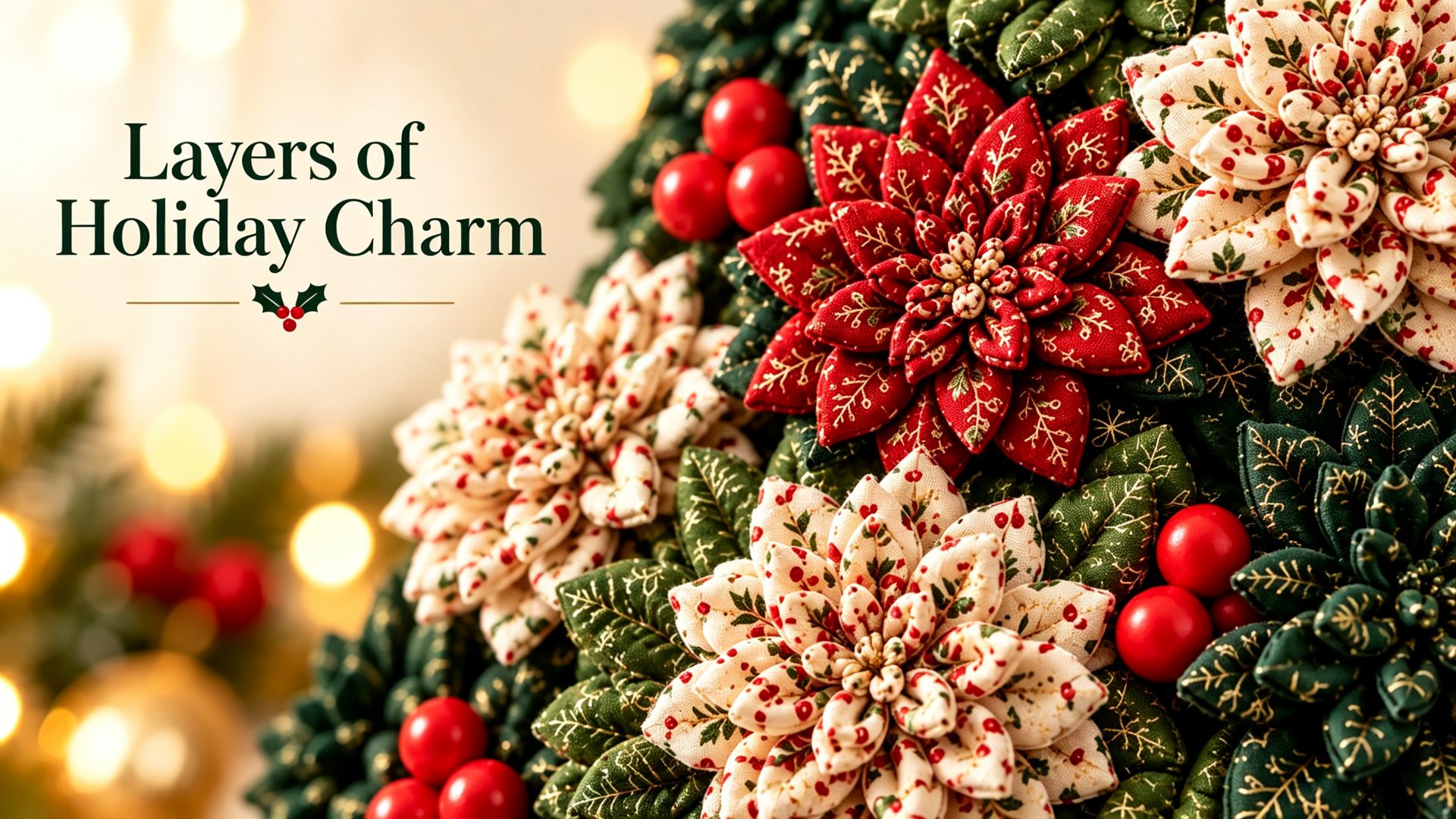 Close-up of layered fabric flowers and Christmas patterns