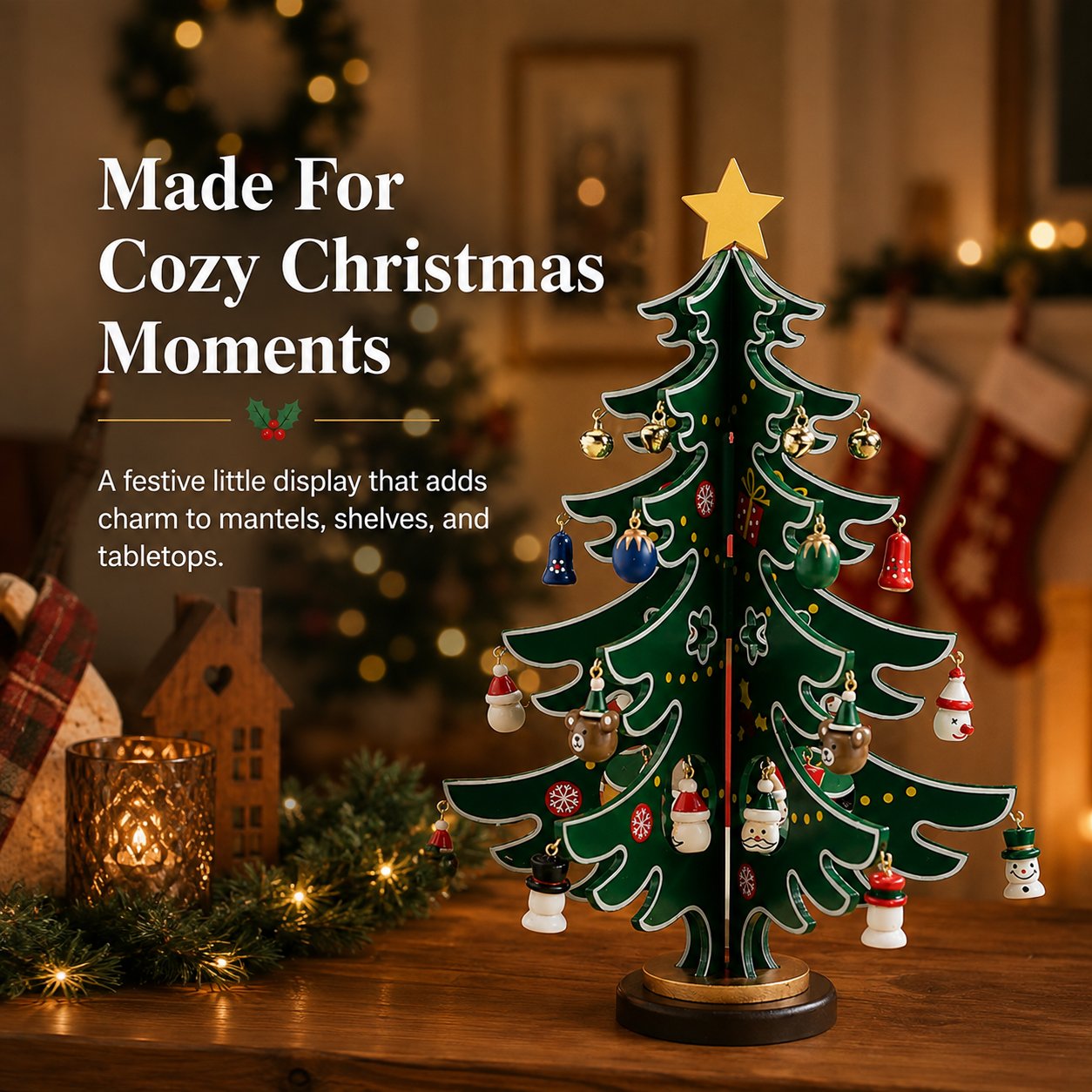 Decorated tabletop wooden Christmas tree displayed in a cozy holiday home