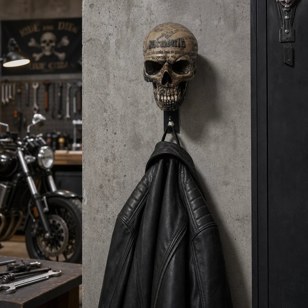 Skull wall mount holding a black leather jacket in a garage