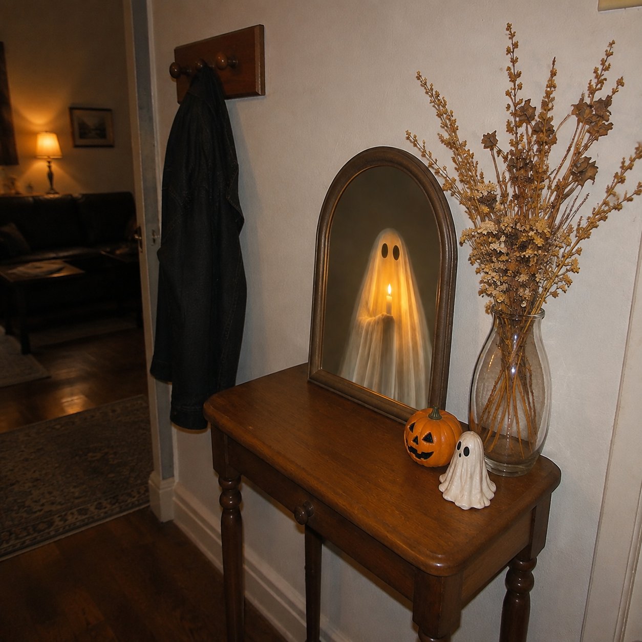 Customer photo of the ghost mirror displayed on a mantel