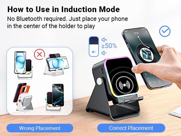 Wireless Induction Audio Speaker Stand, 5in1 Cellphone Holder, 3500mAh Rechargeable Emergency Power Bank,360° Adjustable Mobile Tablet Stand with Colorful Ambient Light Gifts for Men Women