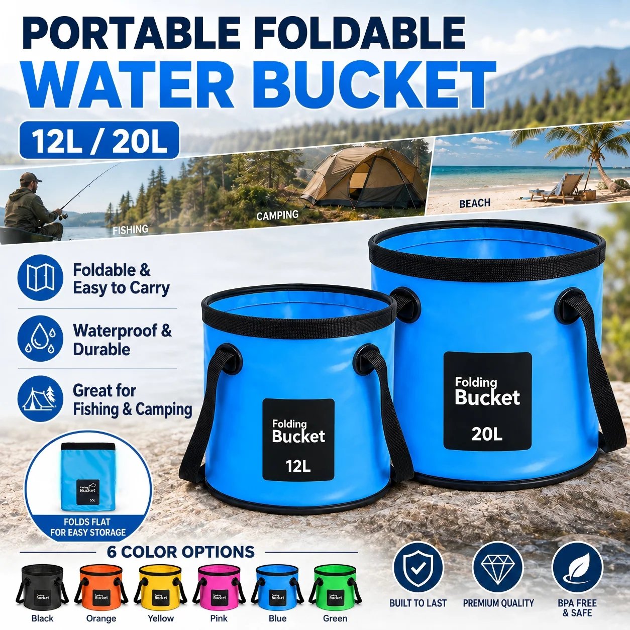 Portable foldable water buckets in 12 liter and 20 liter sizes Portable foldable water buckets in 12 liter and 20 liter sizes
