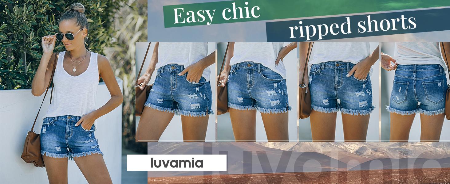 Luvamia Women's Casual Mid Rise Denim Shorts Stretch Ripped Raw Hem Jean Shorts Basic Fitted Bottom for Summer