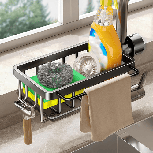 Faucet basket frees countertop space