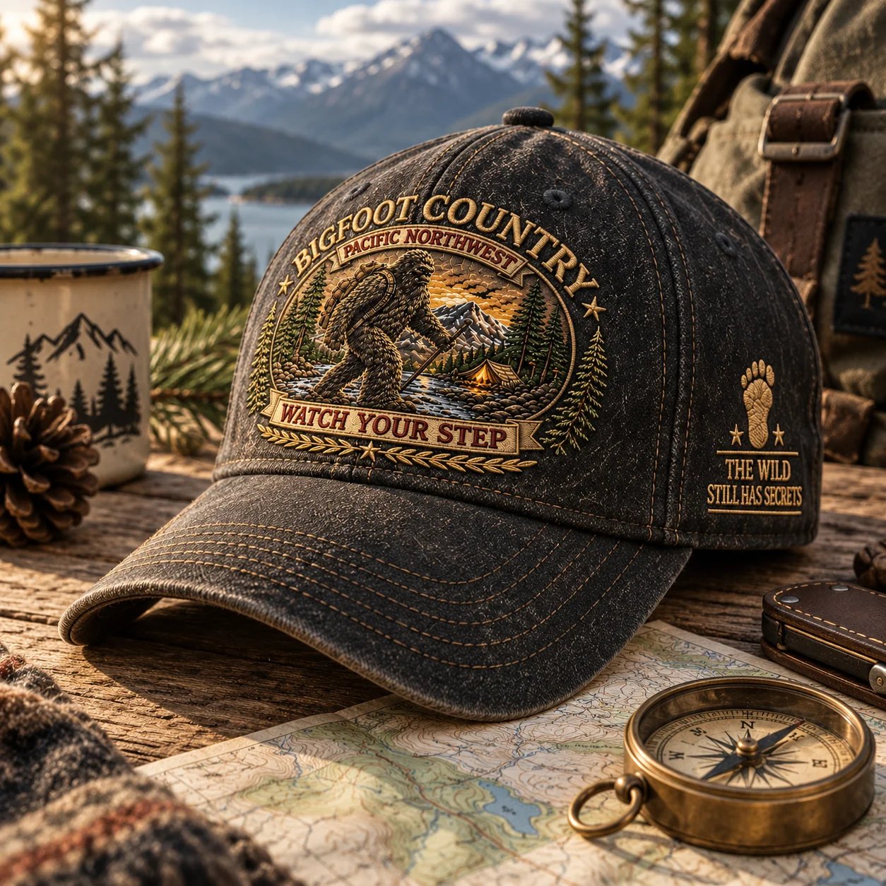Bigfoot Country cap with outdoor map and compass